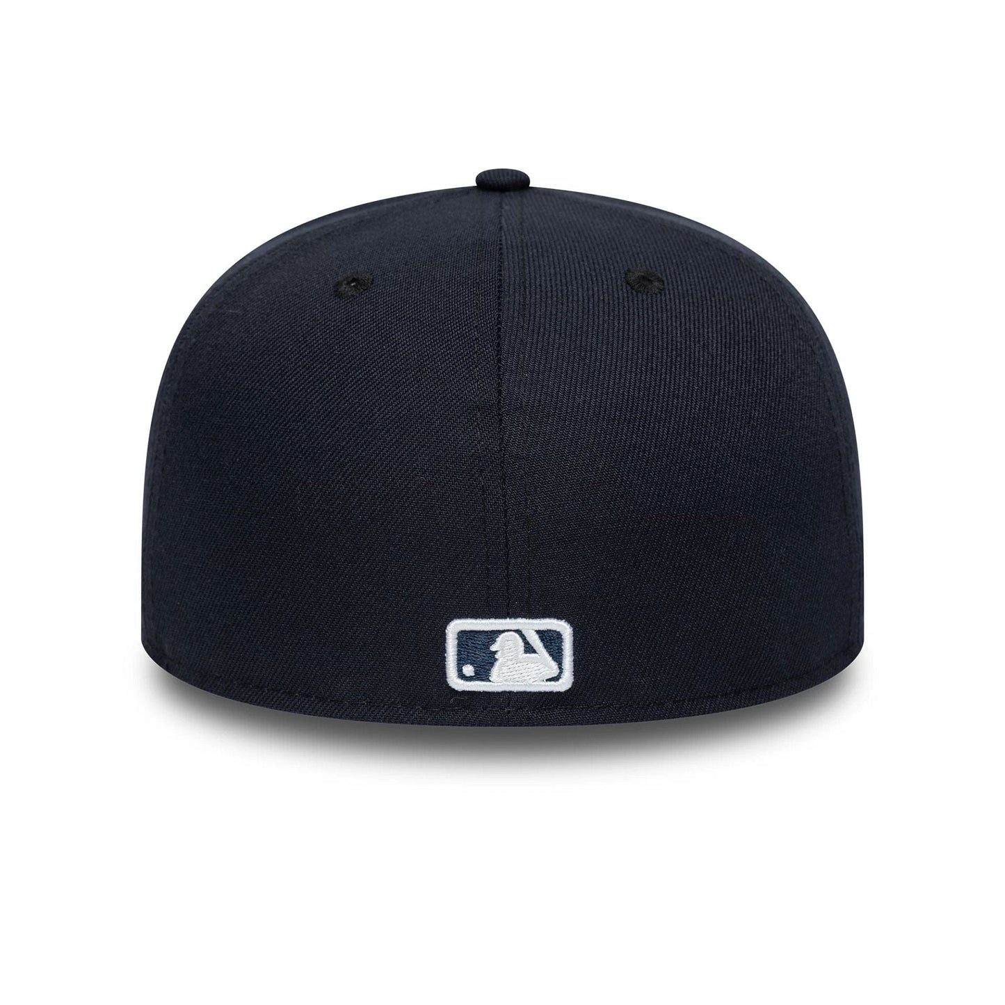 New York Yankees MLB Flat Navy New Era 59FIFTY A-Frame Fitted Cap, rear view showing the white embroidered MLB Batterman logo centred on the back panels, with a dark navy structured crown featuring black eyelets and a matching top button.