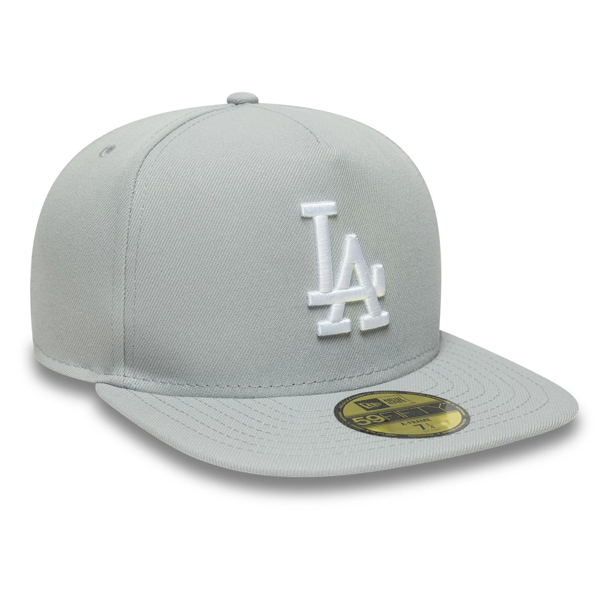 LA Dodgers MLB Flat Grey New Era 59FIFTY A-Frame Fitted Cap, front view showing the raised white LA logo embroidered on the crown, a structured flat grey visor, and a gold 59FIFTY size sticker positioned centrally on the visor.