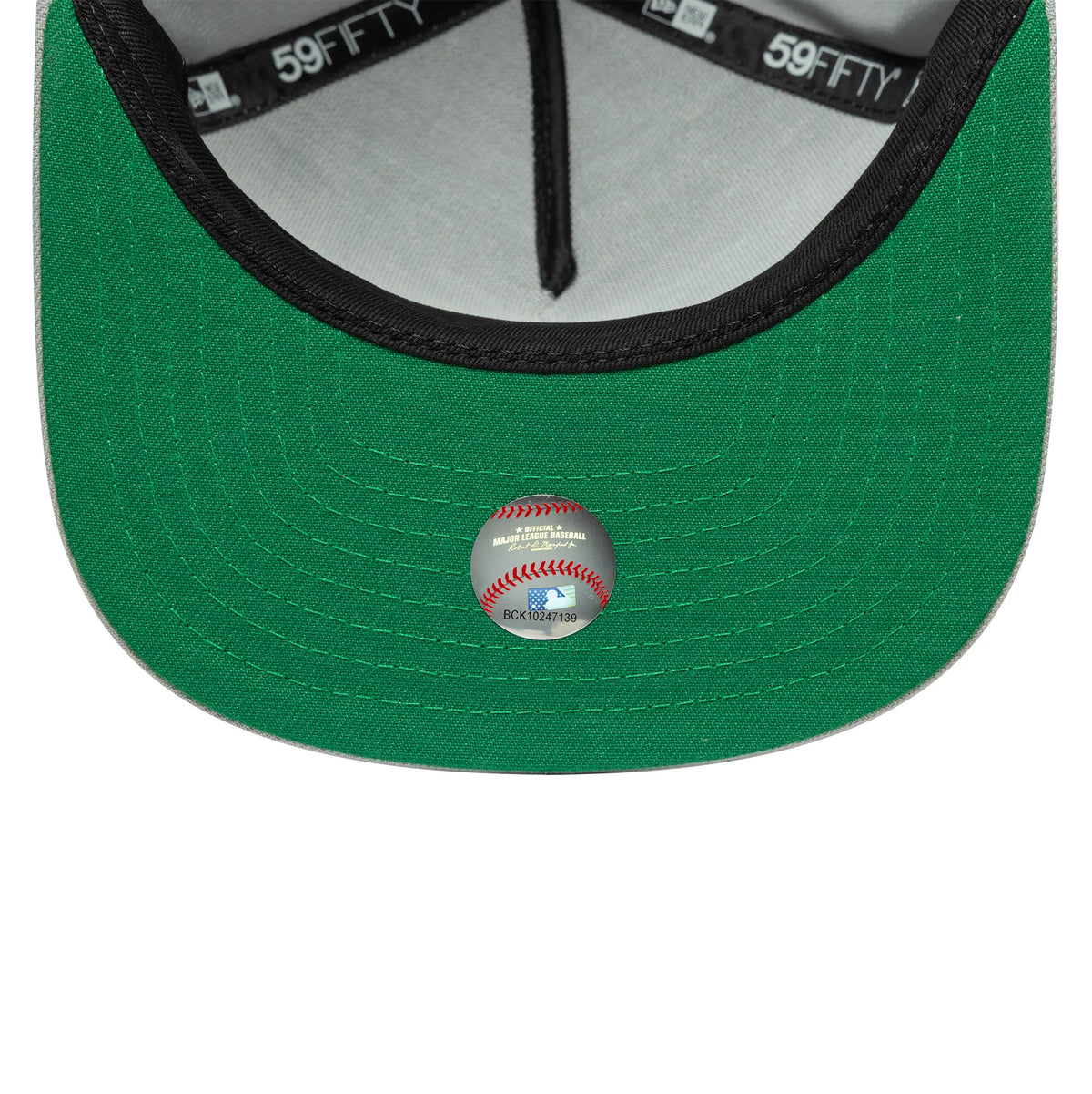 LA Dodgers MLB Flat Grey New Era 59FIFTY A-Frame Fitted Cap, inside view showing a bright green undervisor, black sweatband with white New Era branding, and a central sports sticker featuring a baseball graphic on the underside.