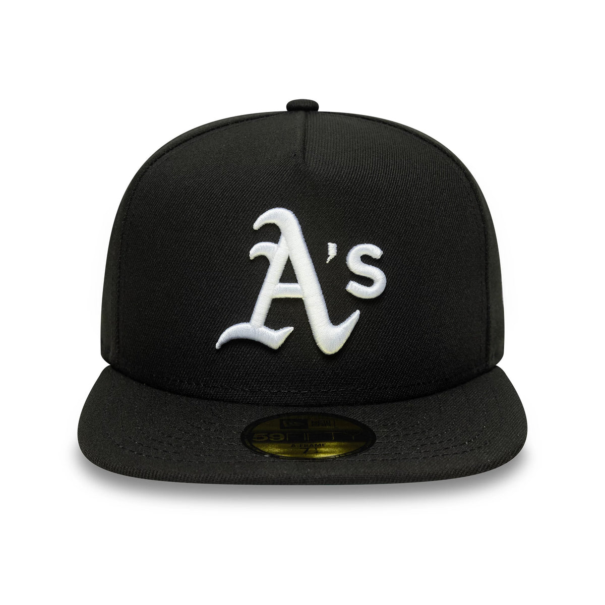 Athletics MLB Flat Black New Era 59FIFTY A-Frame Fitted Cap, front view showing raised white embroidered A's logo on the structured black crown, with a flat black visor and a gold 59FIFTY size sticker on the visor.