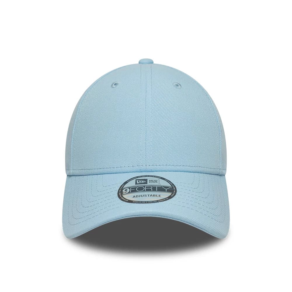 New Era Blue 9FORTY Adjustable Cap, front view showing the curved blue visor with a 9FORTY size sticker, six-panel structured blue crown with matching eyelets, and a top button in the same light blue hue.