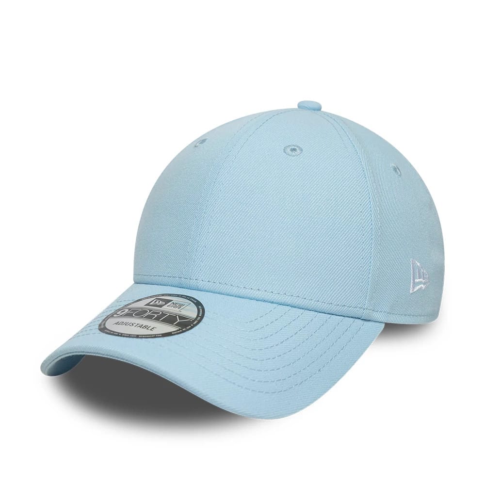 New Era Blue 9FORTY Adjustable Cap, three-quarter view showing the white embroidered New Era flag logo on the left side, curved blue visor with stitching, and a 9FORTY size sticker centrally placed on the visor.