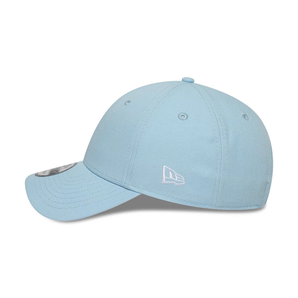 New Era Blue 9FORTY Adjustable Cap, side view showing the white embroidered New Era flag logo on the left side of the structured light blue crown, with matching blue curved visor and a 9FORTY size sticker on the visor.