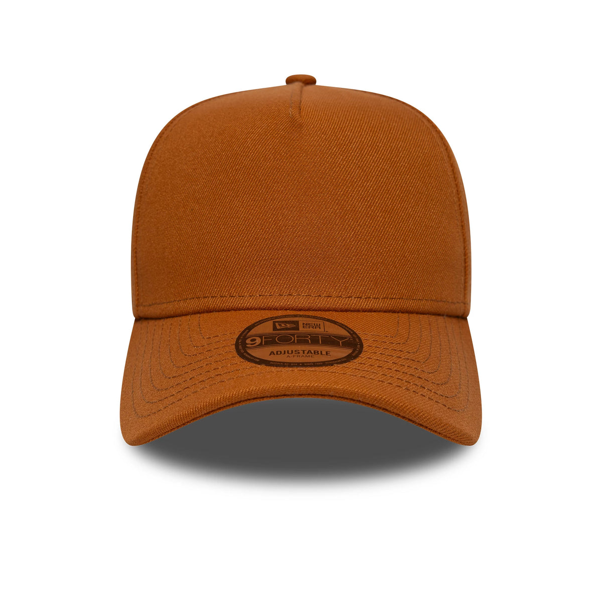 New Era Brown 9FORTY A-Frame Adjustable Cap, front view showing the structured brown crown and curved visor with a 9FORTY size sticker on top, detailed stitching on the visor, and a matching brown top button accentuating the design.