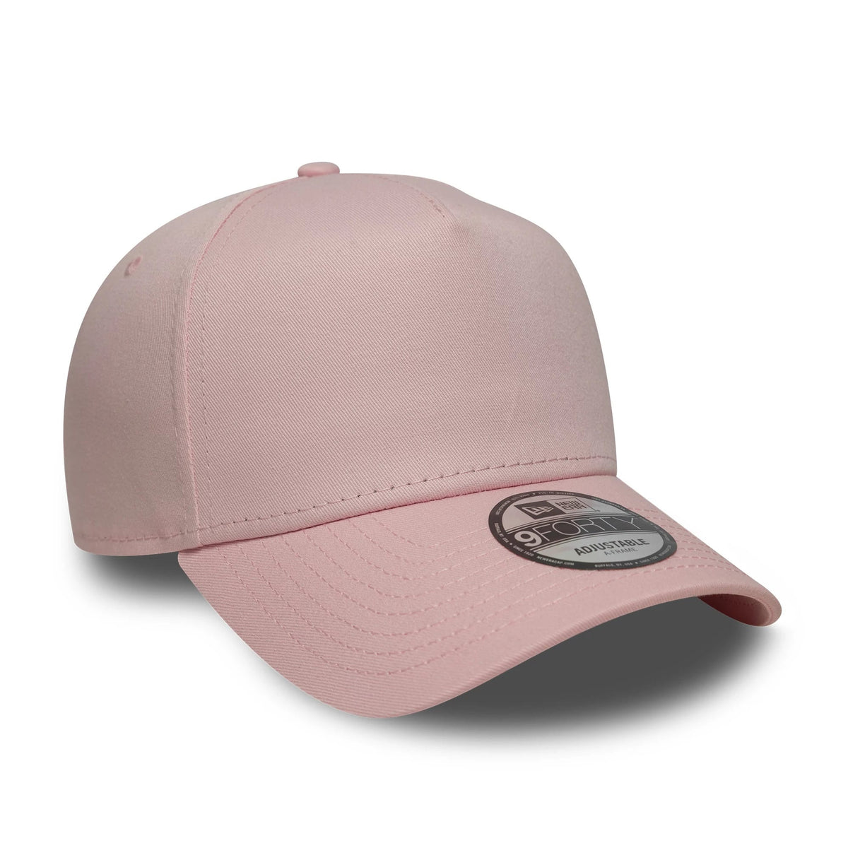 New Era Pink 9FORTY A-Frame Adjustable Cap, three-quarter view showing the pink structured crown, a matching curved pink visor, and the prominent 9FORTY size sticker on the right side of the visor edge.