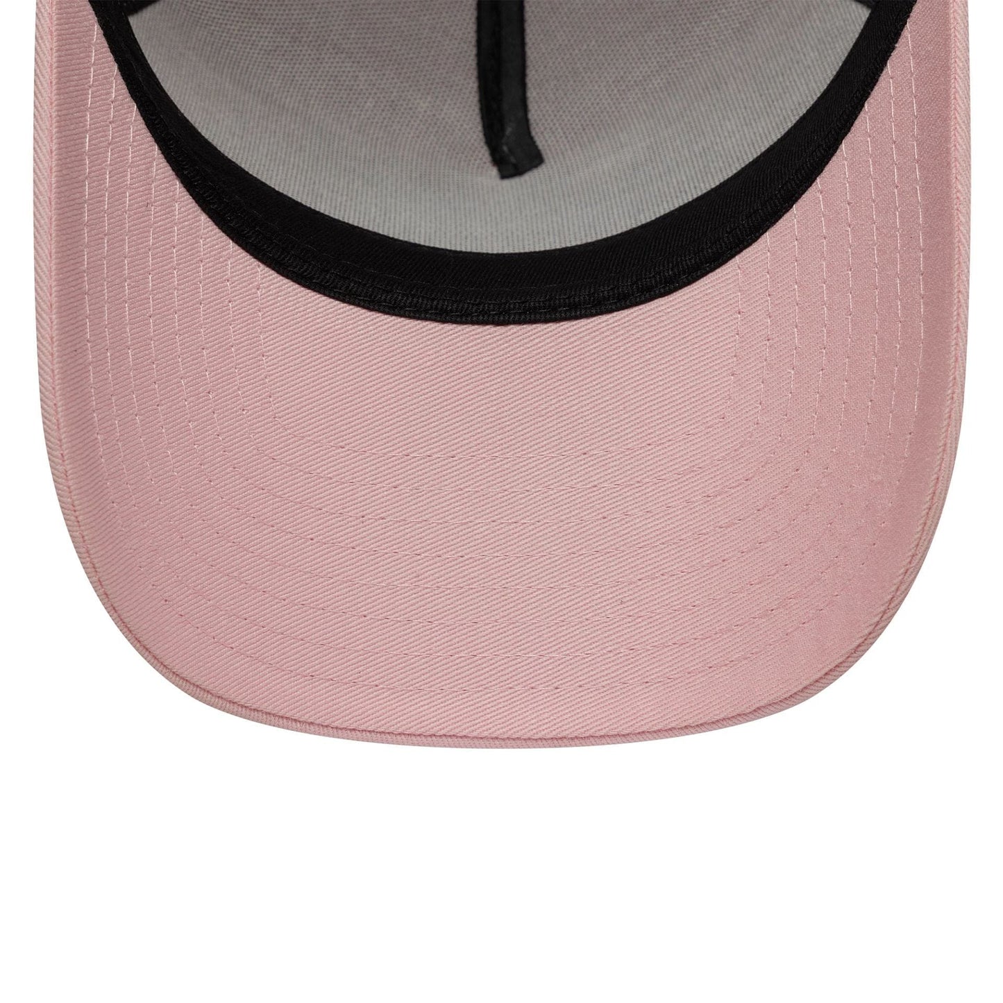 New Era Pink 9FORTY A-Frame Adjustable Cap, inside view showing the black sweatband, a grey undervisor contrasting with the pink visor, and the internal taping structure running down the centre of the cap.
