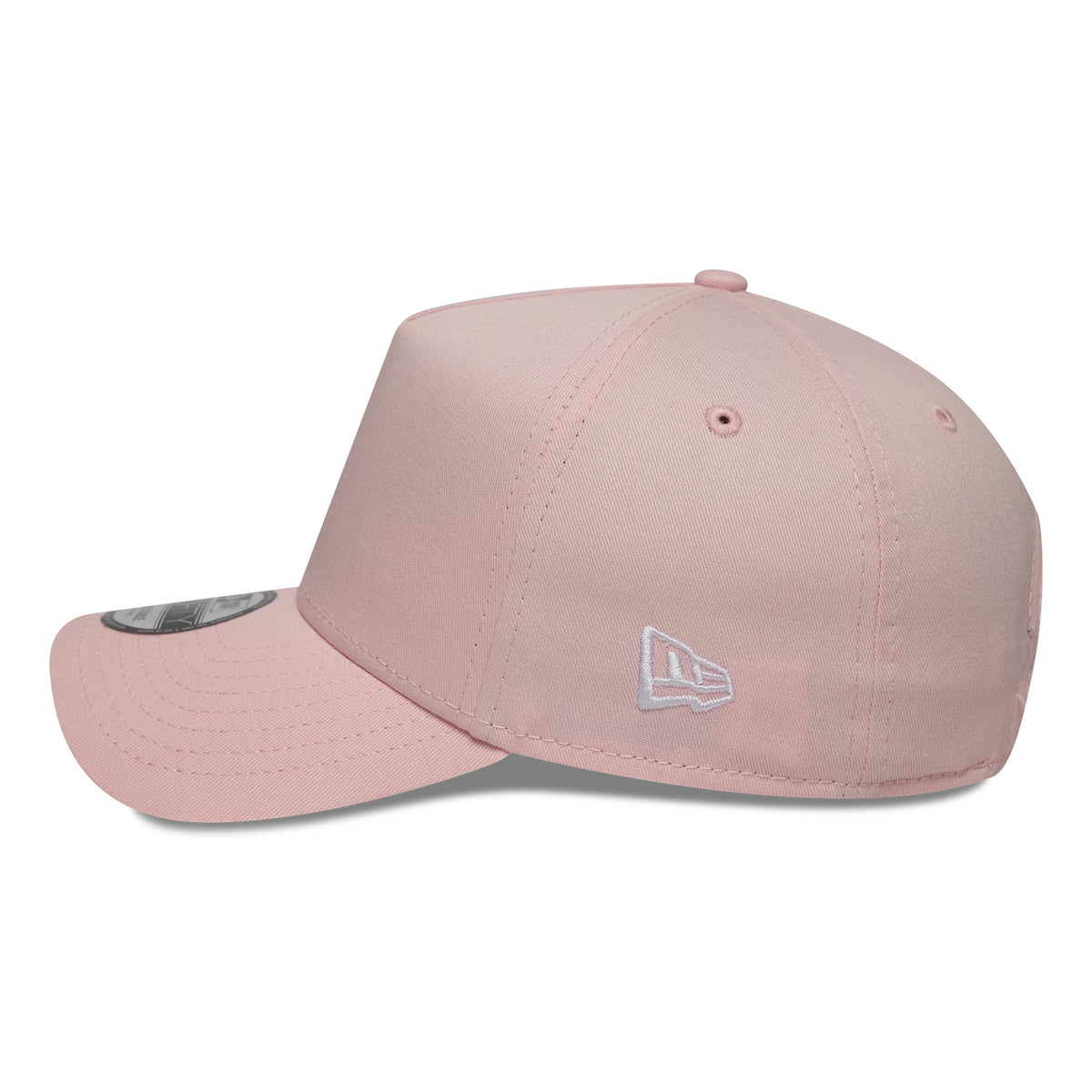 New Era Pink 9FORTY A-Frame Adjustable Cap, side view showing the white embroidered New Era flag logo on the left side, the structured pink crown with matching eyelets, and a curved pink visor with a 9FORTY size sticker.