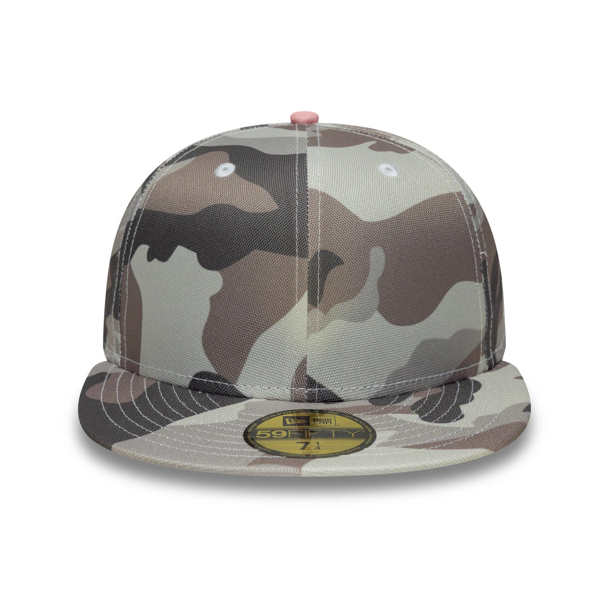New Era Camo 59FIFTY Fitted Cap, front view showing a woodland camouflage pattern on the structured panels, a contrasting pink top button, and a flat visor with a gold 59FIFTY size sticker at the centre.