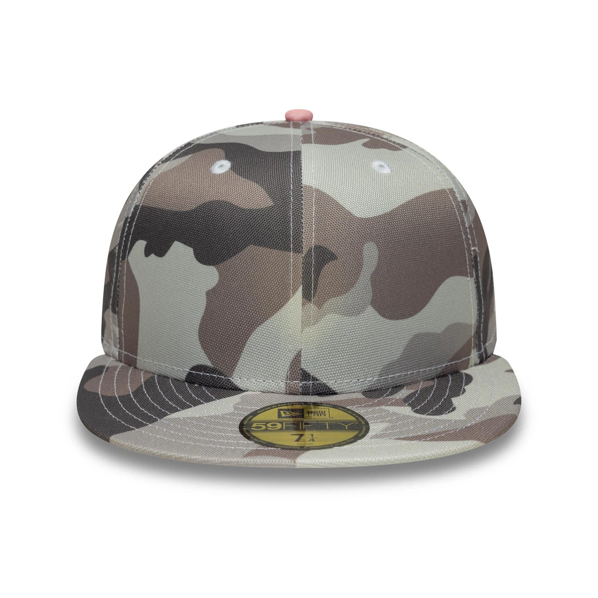New Era Camo 59FIFTY Fitted Cap, front view showing a woodland camouflage pattern on the structured panels, a contrasting pink top button, and a flat visor with a gold 59FIFTY size sticker at the centre.