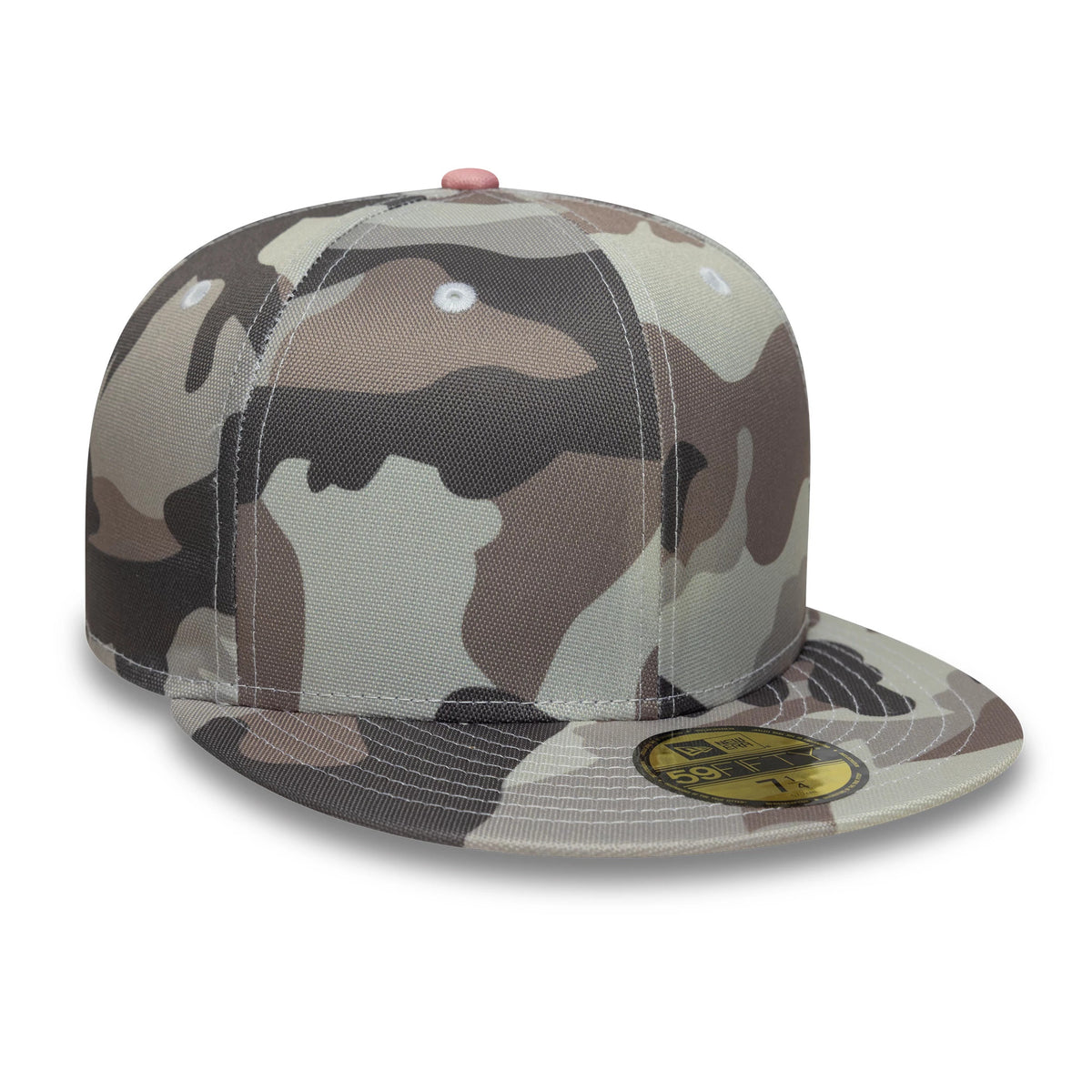 New Era Camo 59FIFTY Fitted Cap, three-quarter view showing the classic camo pattern on the structured crown and flat visor, with a top button accent and a gold 59FIFTY size sticker on the visor.
