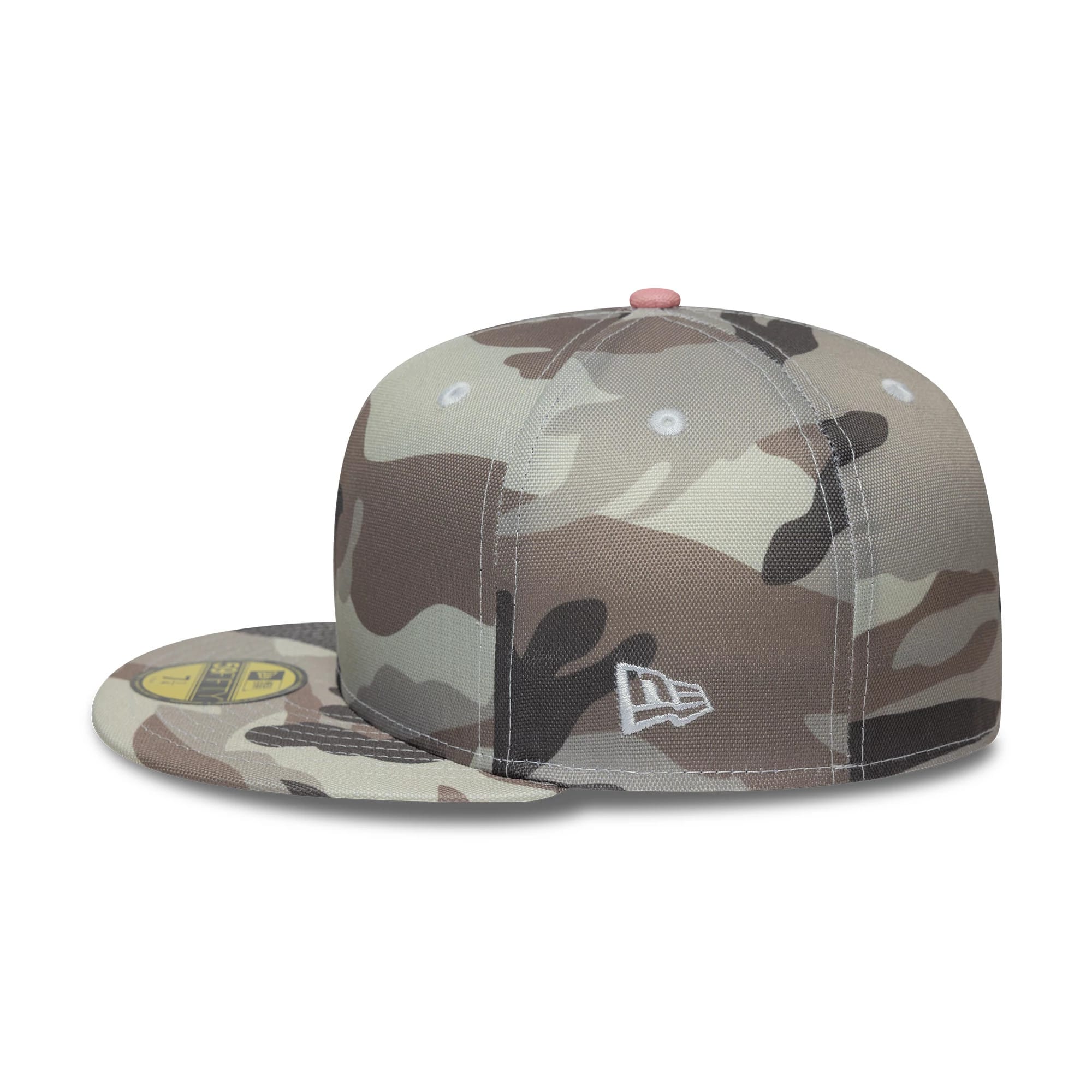 New Era Camo New Era 59FIFTY Fitted Cap, three-quarter view showing the white embroidered New Era flag logo on the side panel, a structured camo crown with matching camo visor, and a gold 59FIFTY size sticker on the visor.