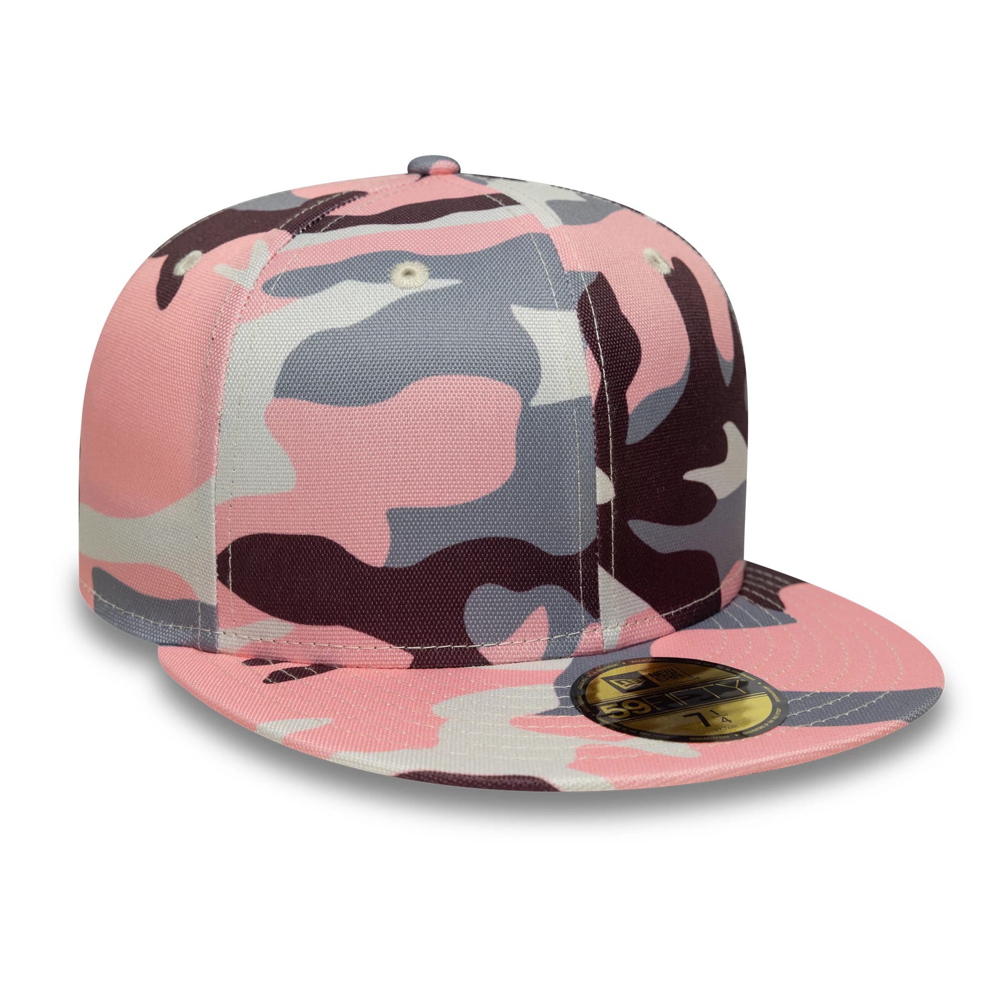 New Era Pink Camo 59FIFTY Fitted Cap, three-quarter view showing the pink, grey, and dark brown camouflage pattern across the high-crowned structure, with a matching flat visor and a gold 59FIFTY size sticker on top of the visor.