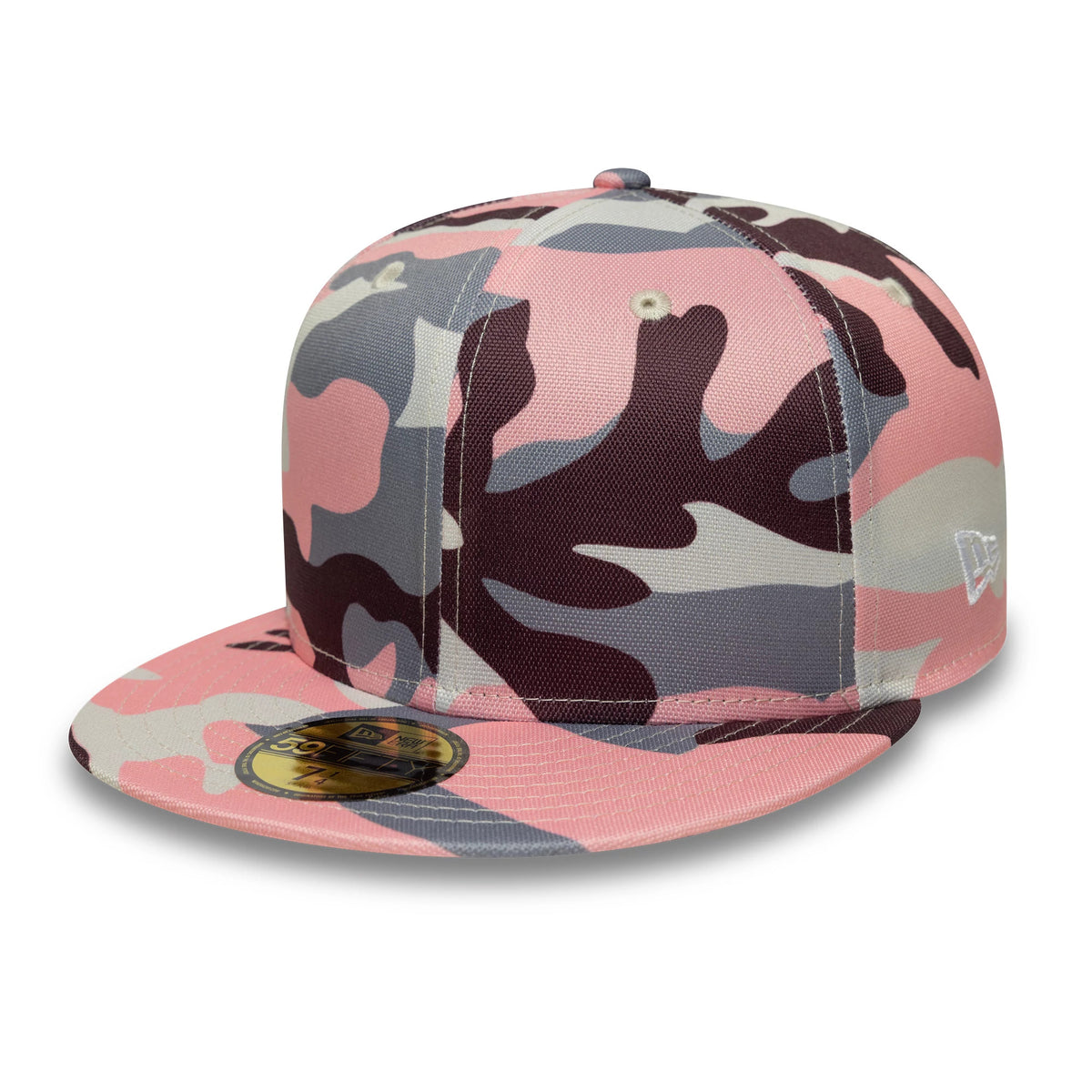 New Era Pink Camo 59FIFTY Fitted Cap, three-quarter view showing the black and pink camouflage pattern on the structured crown, a flat visor with a gold 59FIFTY size sticker, and the New Era flag logo on the left side.