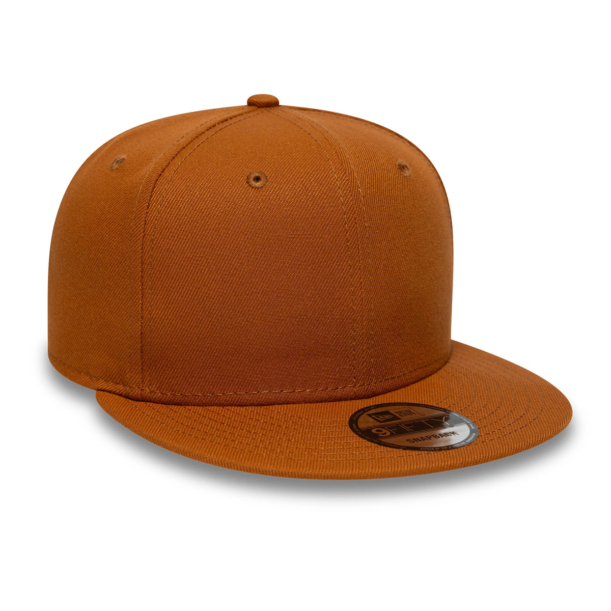 New Era Brown 9FIFTY Snapback Adjustable Cap, three-quarter view showing the flat brown visor with a 9FIFTY size sticker, structured brown crown with embroidered eyelets, and matching top button, offering a and consistent design.