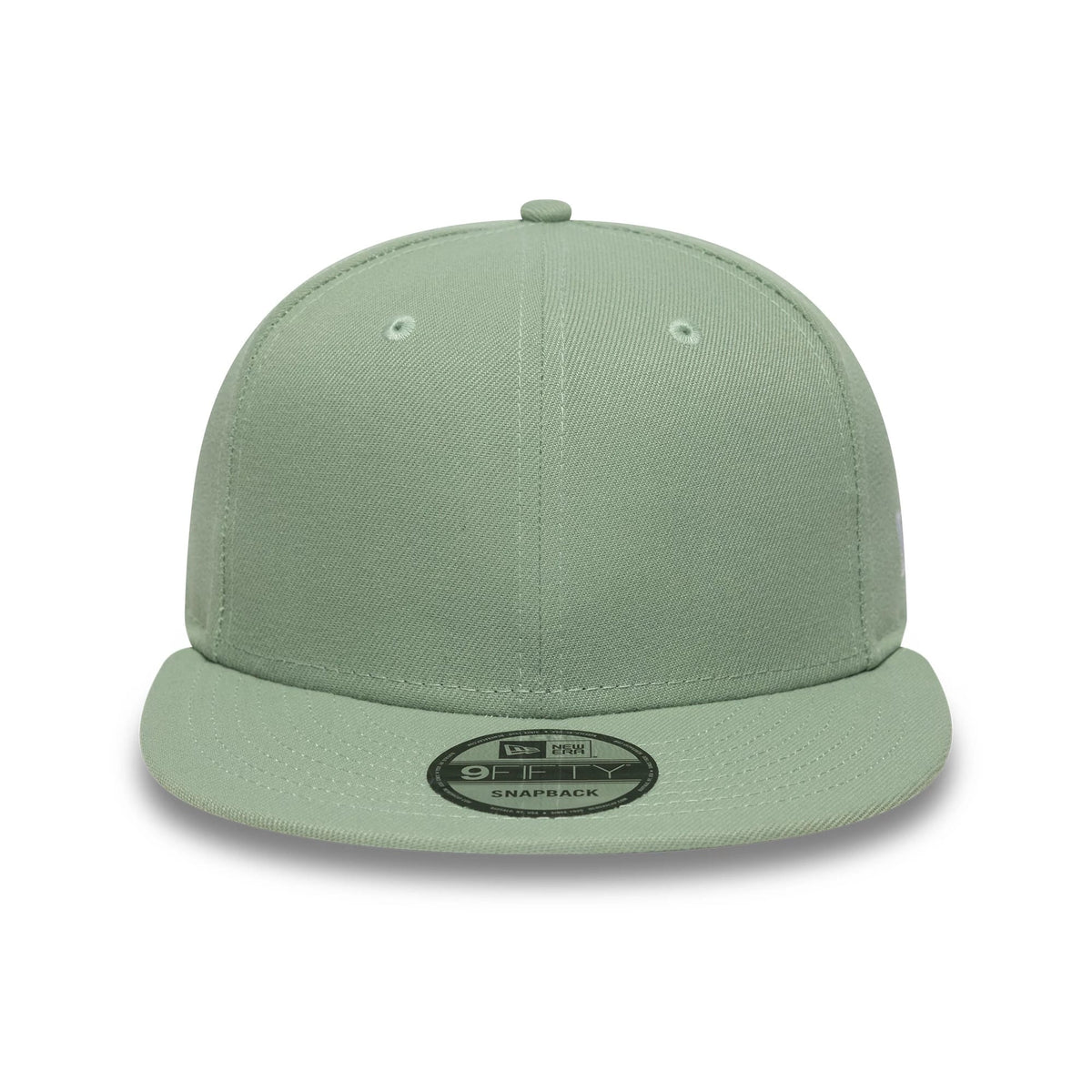 New Era Green 9FIFTY Snapback Adjustable Cap, front view showing the plain structured green crown with matching green visor, featuring a black and silver 9FIFTY size sticker on the centre of the visor.