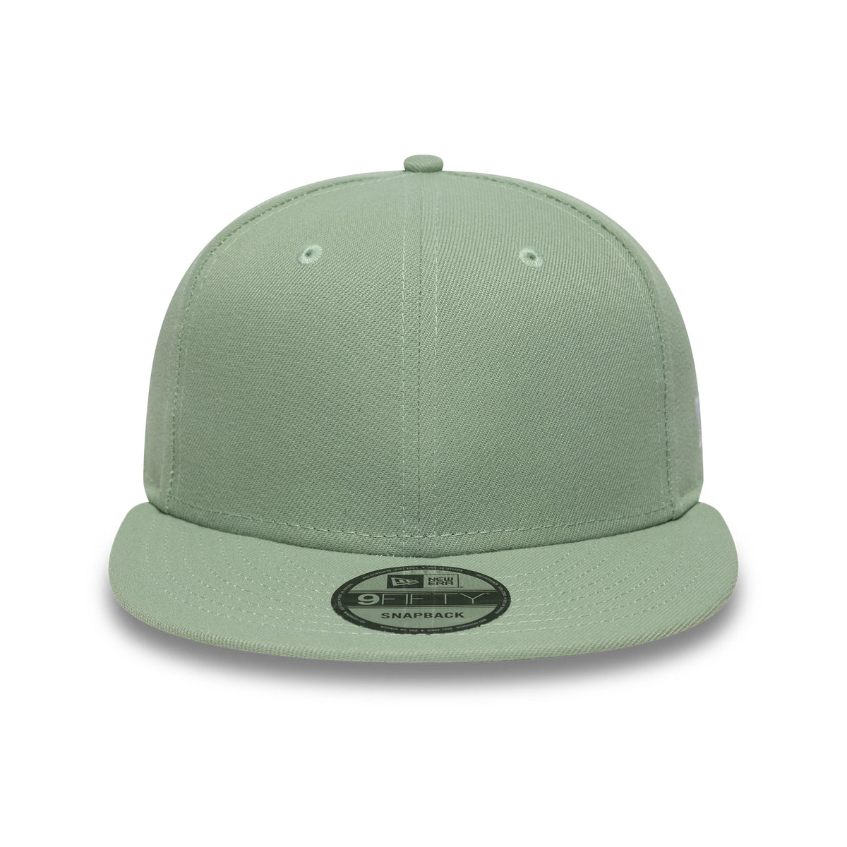 New Era Green 9FIFTY Snapback Adjustable Cap, front view showing the plain structured green crown with matching green visor, featuring a black and silver 9FIFTY size sticker on the centre of the visor.