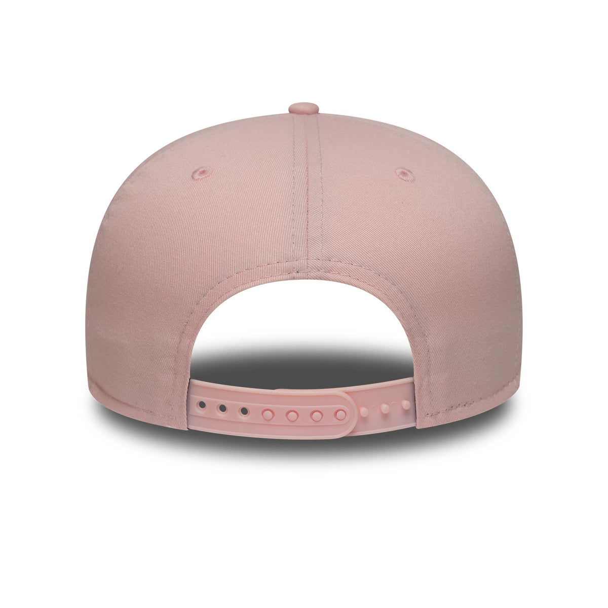 New Era Pink 9FIFTY Snapback Adjustable Cap, rear view showing the adjustable pink snap closure at the back, surrounded by a structured pink crown with matching embroidered eyelets and a top button.