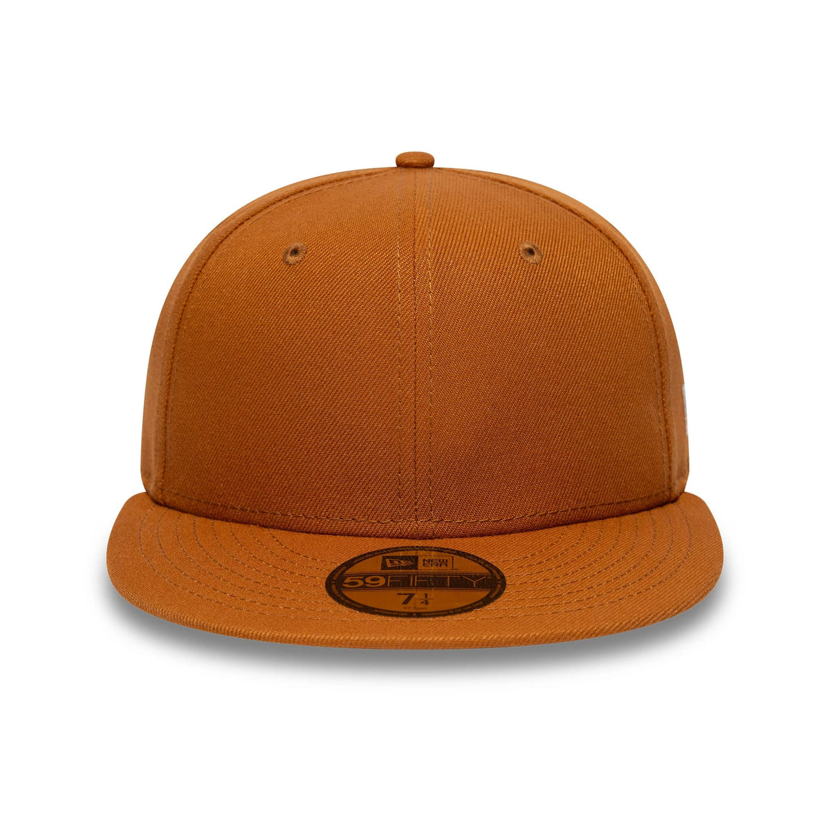 New Era Brown 59FIFTY Fitted Cap, front view showing the seamless brown structured crown with matching eyelets and top button, curved brown visor with black and gold 59FIFTY size sticker, crafted in rich brown fabric.