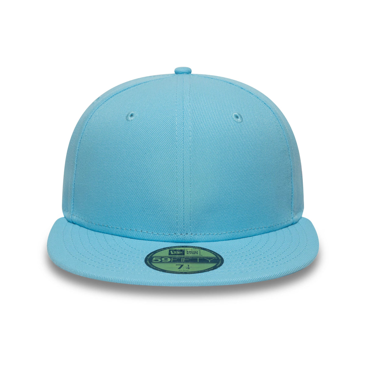 New Era Pastel Blue 59FIFTY Fitted Cap, front view showing a flat pastel blue visor with a 59FIFTY size sticker, featuring a structured crown with embroidered eyelets and a coordinating blue top button.