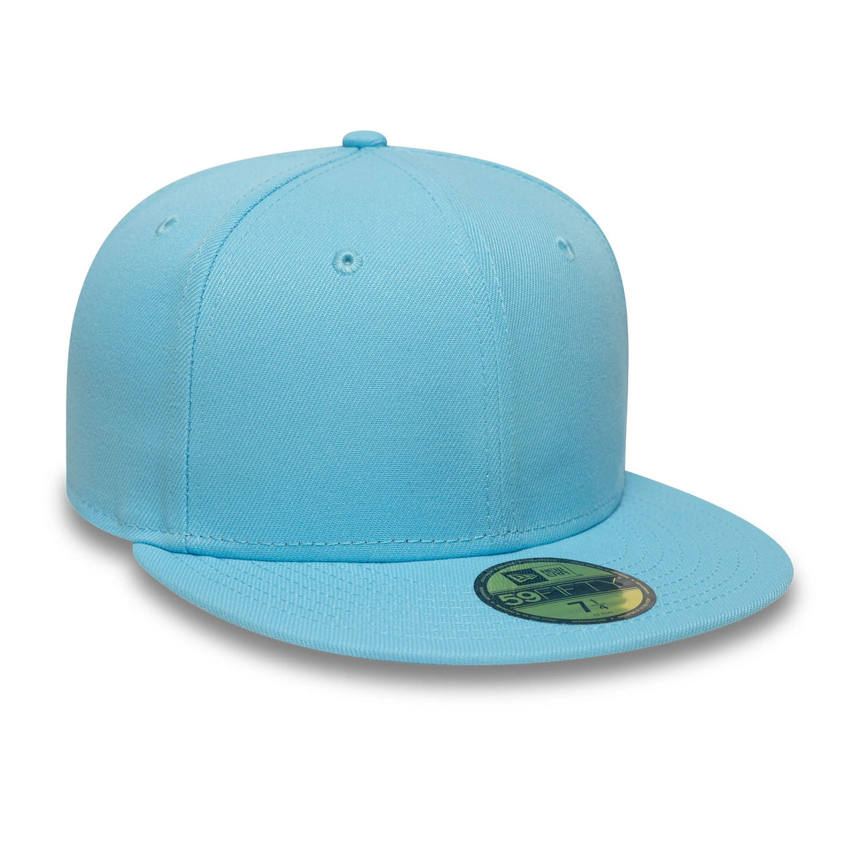 New Era Pastel Blue 59FIFTY Fitted Cap, three-quarter view showing a structured crown with matching pastel blue eyelets and top button, paired with a flat visor featuring a gold 59FIFTY size sticker on the upper side.