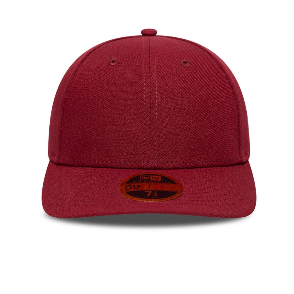 New Era Dark Red Low Profile 59FIFTY Fitted Cap, front view showing a deep red structured crown with matching top button and eyelets, features a flat visor complete with the signature gold 59FIFTY size sticker attached centrally.