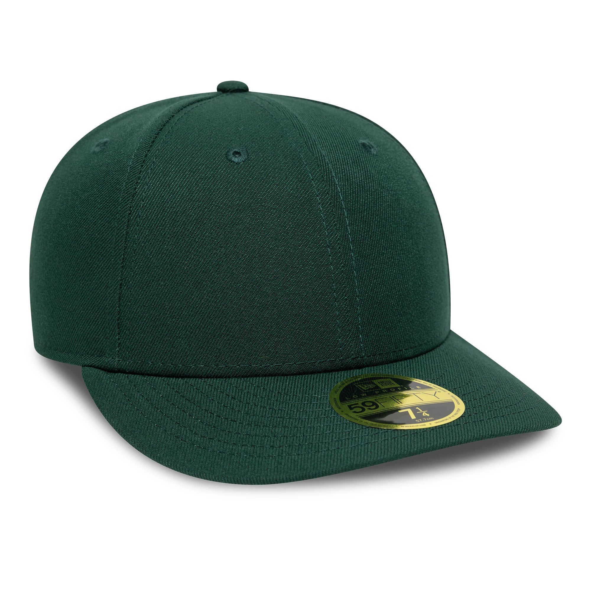 New Era Dark Green Low Profile 59FIFTY Fitted Cap, three-quarter view with a structured dark green crown, matching eyelets and top button, and a flat dark green visor featuring a gold 59FIFTY size sticker on the left side.
