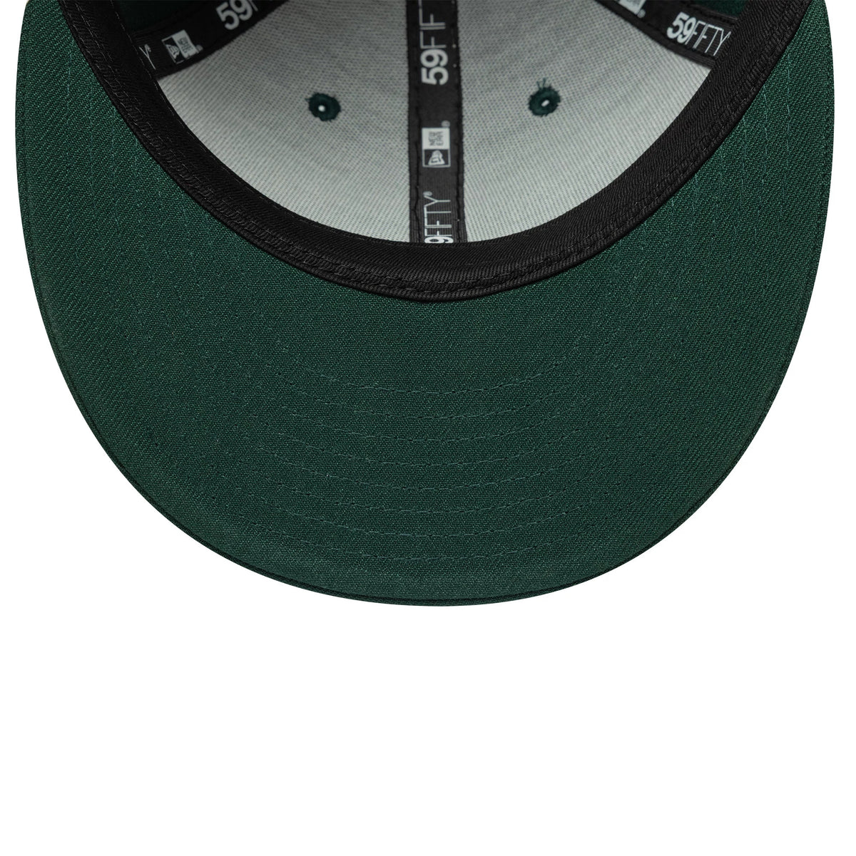 New Era Dark Green Low Profile 59FIFTY Fitted Cap, inside view showing grey fabric with black 59FIFTY taping and white size details, green embroidered eyelets on the crown panels, and a dark green undervisor.