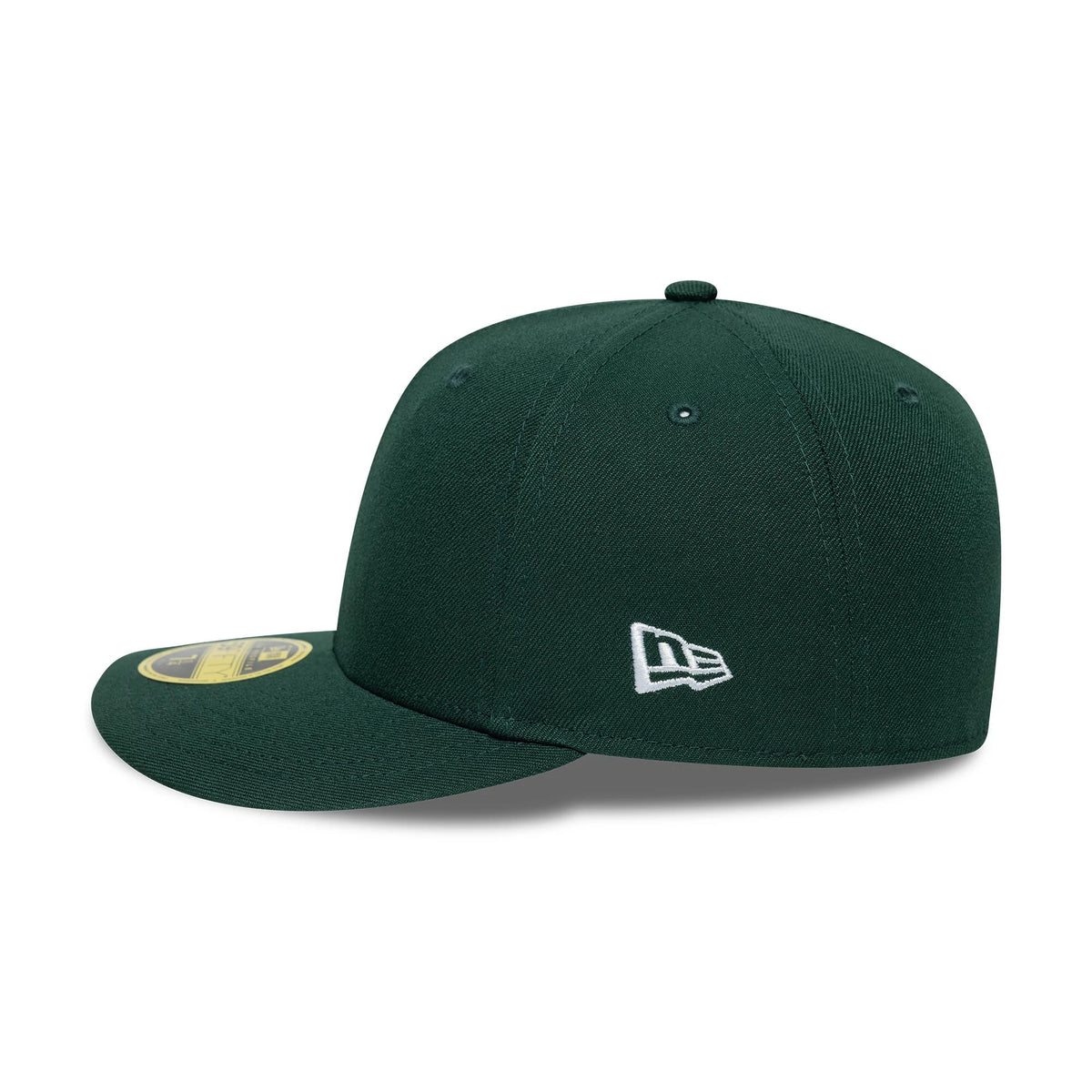 New Era Dark Green Low Profile 59FIFTY Fitted Cap, side view showing the white embroidered New Era flag logo on the left side of the richly textured green crown, with a matching dark green flat visor and a gold 59FIFTY size sticker.