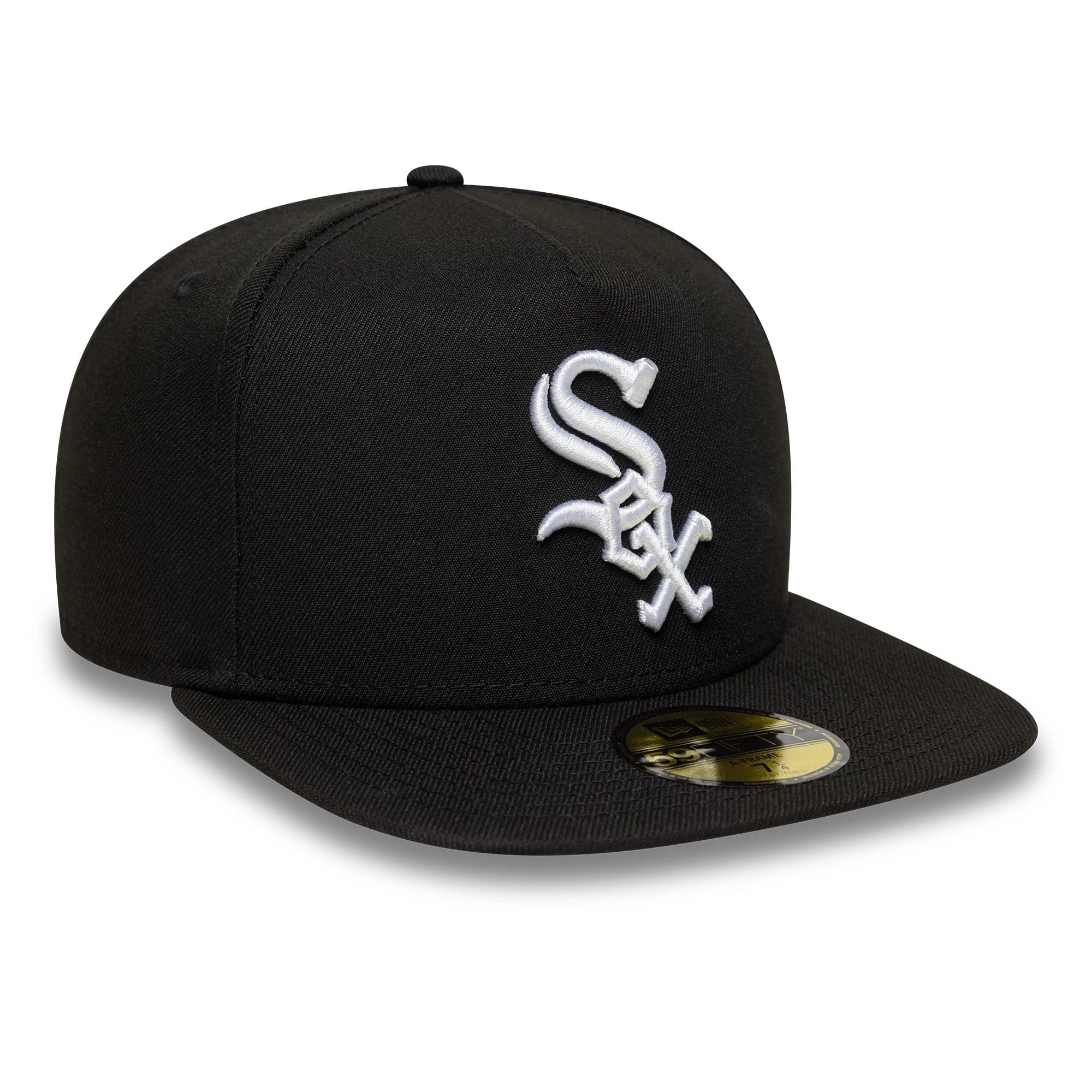 Chicago White Sox MLB Black New Era 59FIFTY A-Frame Fitted Cap, three-quarter view showing the raised white embroidered Sox logo on the front panel, the black flat visor, and the gold 59FIFTY size sticker on the top of the visor.