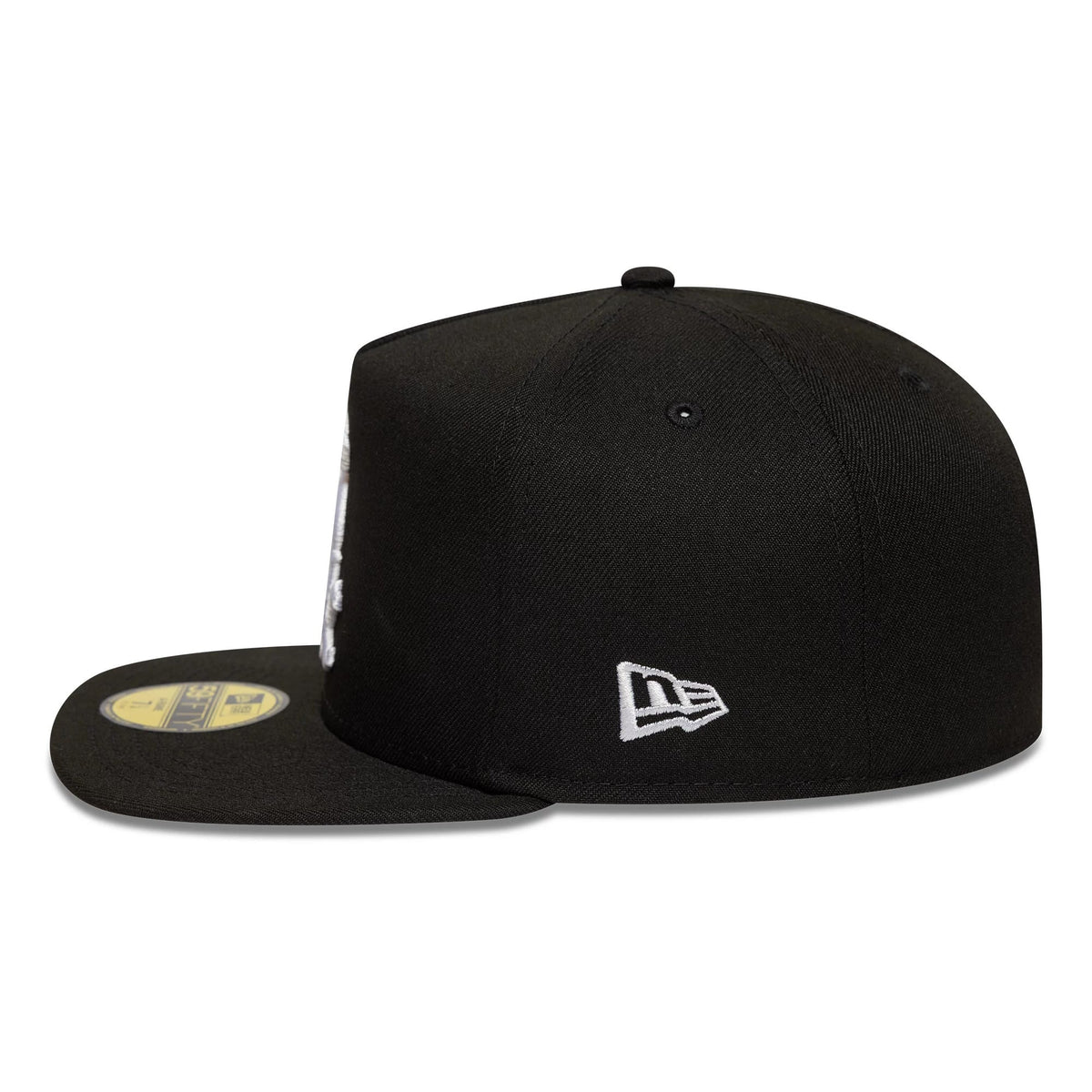 Chicago White Sox MLB Black New Era 59FIFTY A-Frame Fitted Cap, side view showing the white embroidered New Era flag logo on the left side of the black structured crown, with a flat visor featuring a gold 59FIFTY size sticker.