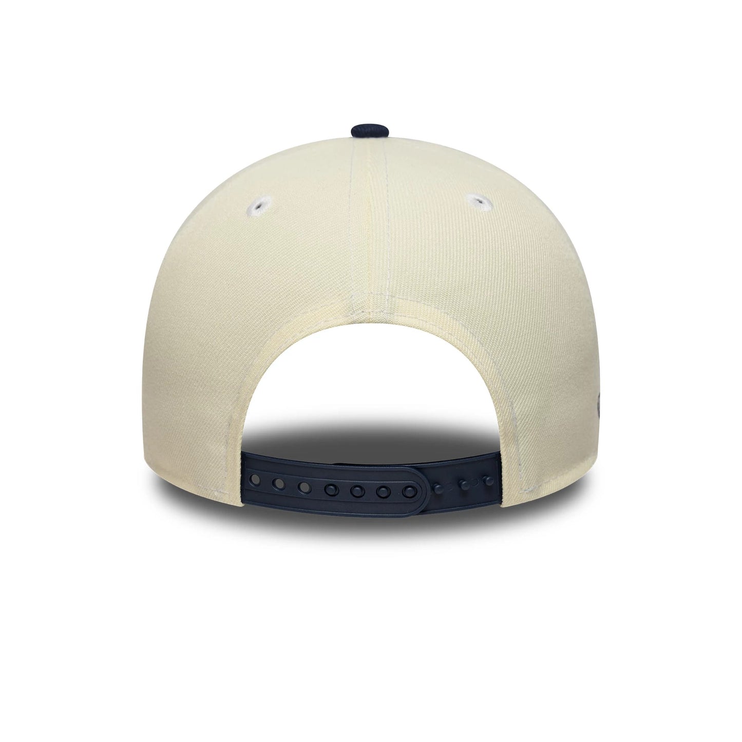 New York Yankees MLB Chrome Blue Contrast Cream New Era 9FORTY A-Frame Adjustable Cap, rear view showing the cream-coloured crown with white embroidered eyelets, a central navy blue top button, and an adjustable navy blue snap closure.