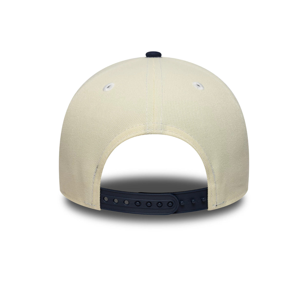Chicago White Sox MLB Chrome Blue Contrast Cream New Era 9FORTY A-Frame Adjustable Cap, rear view showing a structured cream crown with a navy strap closure, eyelets on each back panel and a matching top button.