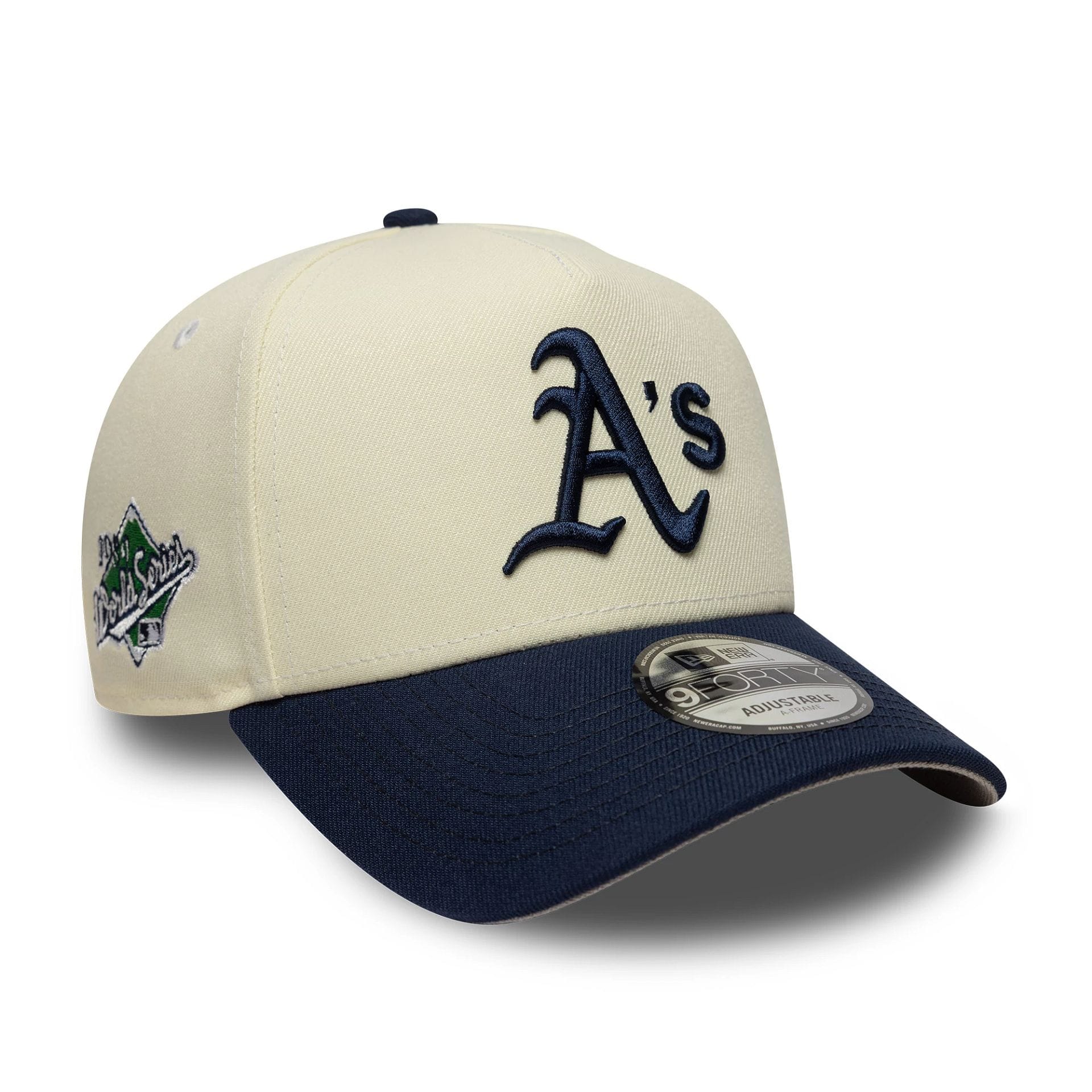 This is a Oakland Athletics MLB Chrome Blue Contrast Cream 9FORTY A-Frame Adjustable Cap 1