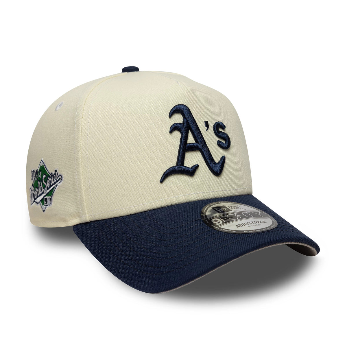 This is a Athletics MLB Chrome Blue Contrast Cream 9FORTY A-Frame Adjustable Cap 1