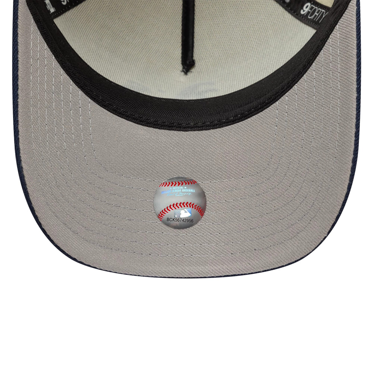 Athletics MLB Chrome Blue Contrast Cream New Era 9FORTY A-Frame Adjustable Cap, inside view showing the cream undervisor, a black sweatband with 9FORTY branding, and the 9FORTY size sticker featuring a baseball graphic at the centre.