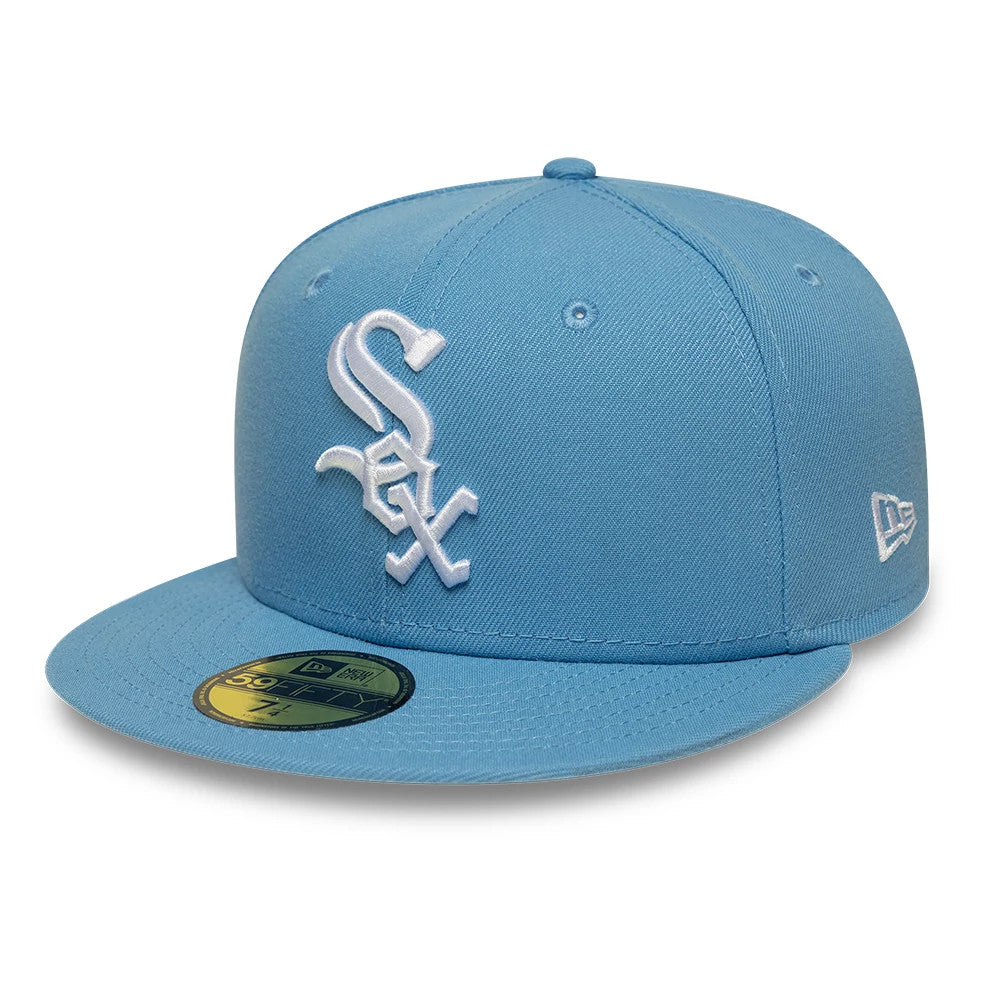 Chicago White Sox MLB Pastel Blue New Era 59FIFTY Fitted Cap, front view showing the raised white embroidered Sox logo on the front panel, a matching pastel blue visor with a gold 59FIFTY size sticker, and the New Era flag logo on the left side.