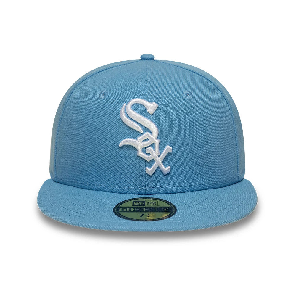 Chicago White Sox MLB Pastel Blue New Era 59FIFTY Fitted Cap, front view showing the raised white embroidered Sox logo on the front panel, a matching pastel blue flat visor, and the gold 59FIFTY size sticker on the visor.