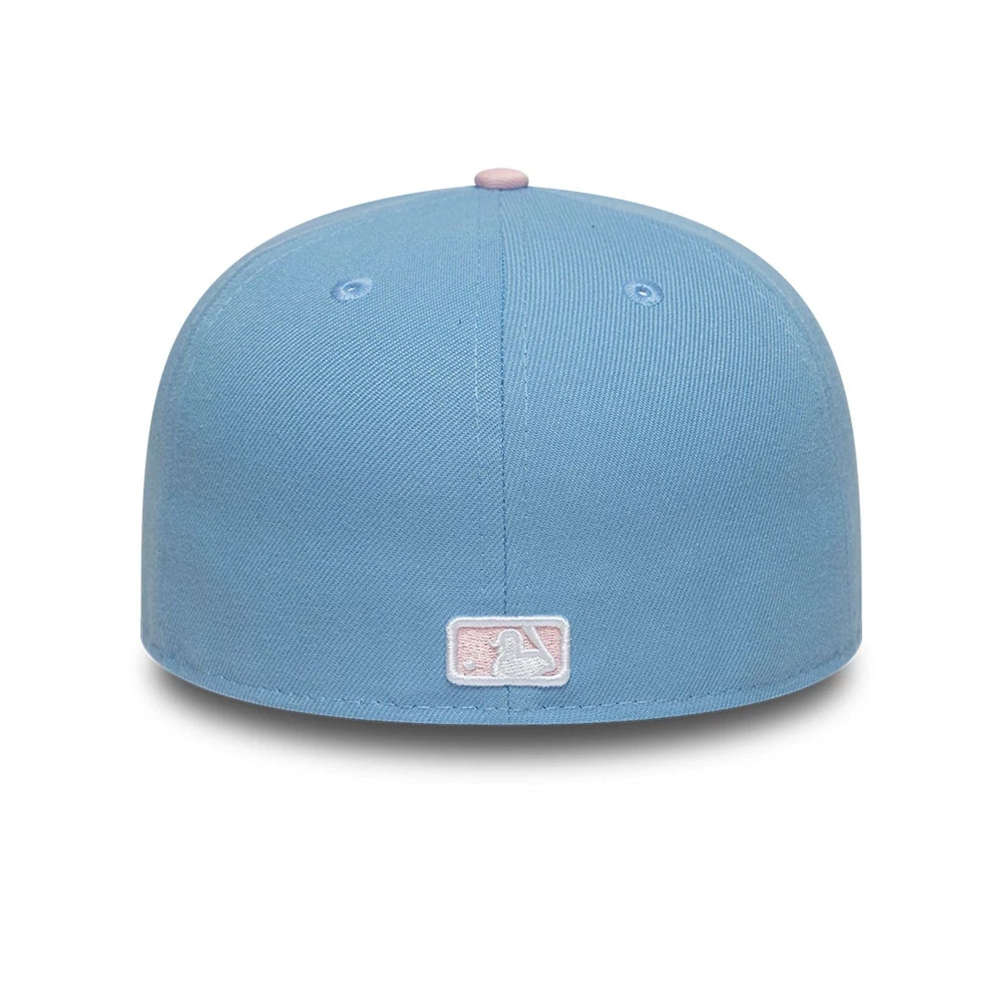 New York Yankees MLB Pastel Blue New Era 59FIFTY Fitted Cap, rear view showing the pink embroidered MLB Batterman logo at the centre of the structured pastel blue crown, with matching pastel blue eyelets and a top button.