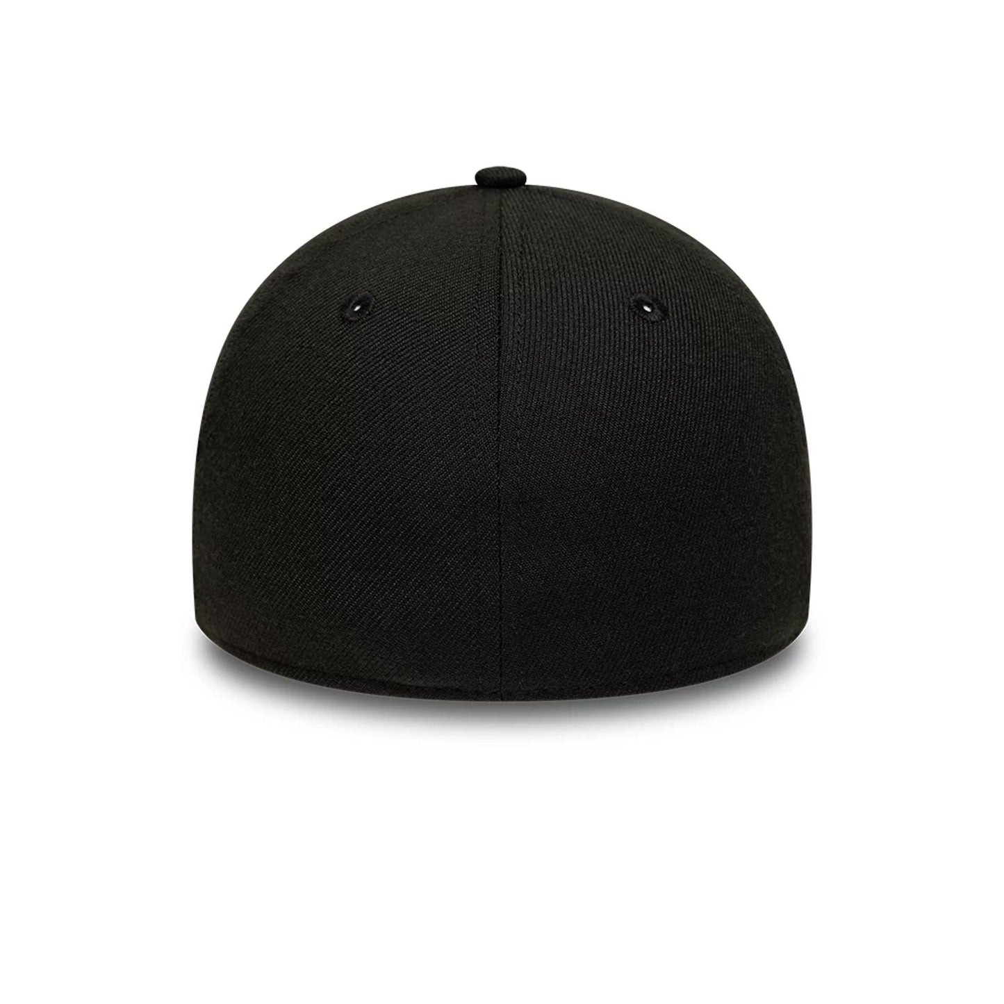 New York Yankees MLB Black New Era 39THIRTY Stretch Fit Cap, rear view showing the black crown with no logos, accented by two black eyelets and a central top button, creating a and minimalist design.