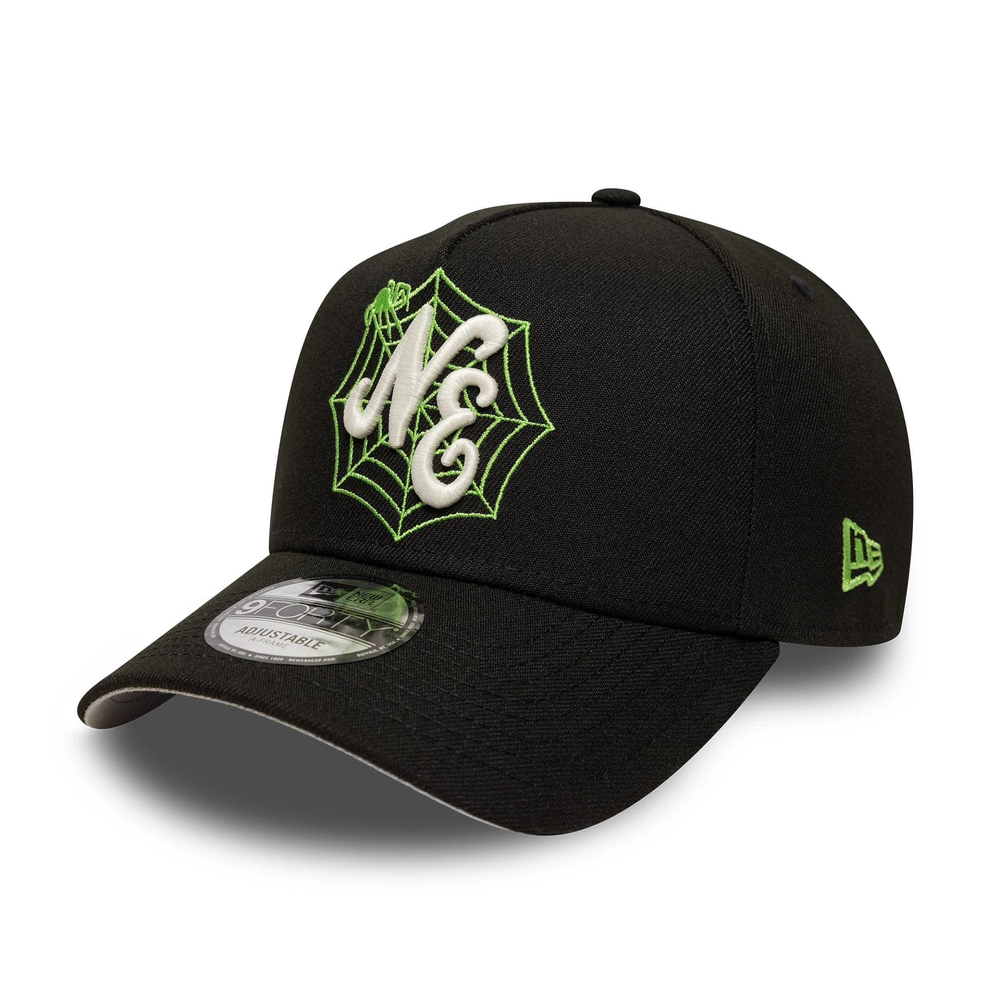 This is a New Era Spider Black 9FORTY A-Frame Adjustable Cap 1