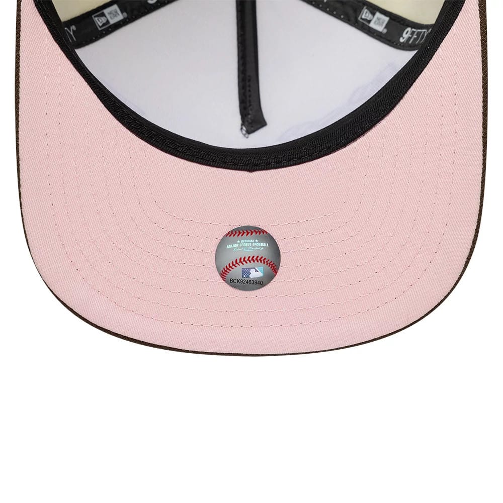 Pictured is this MLB Kanji LA Dodgers 9FIFTY A-Frame Snapback Adjustable cap in cream and brown. 2