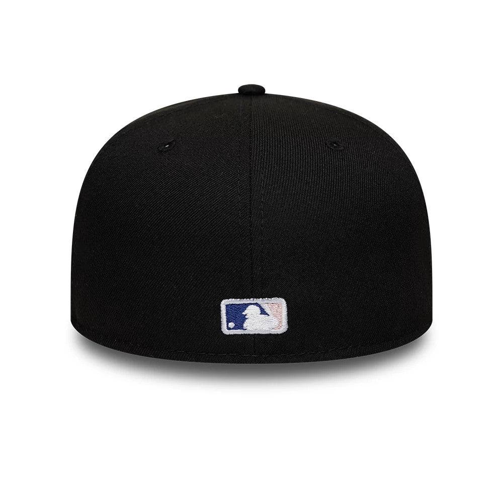 LA Dodgers MLB Kanji Black New Era 59FIFTY Fitted Cap, rear view showing the white embroidered MLB Batterman logo centred on the black back panels, with a slightly curved black visor and a top button matching the crown.