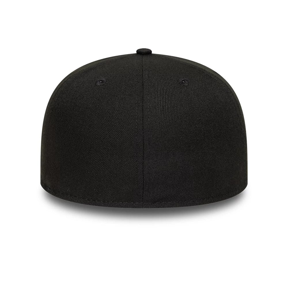 New Era Black 59FIFTY Fitted A-Frame Cap, rear view showing a plain black structured crown with matching eyelets and no logos, highlighting the curve of the cap's classic silhouette.