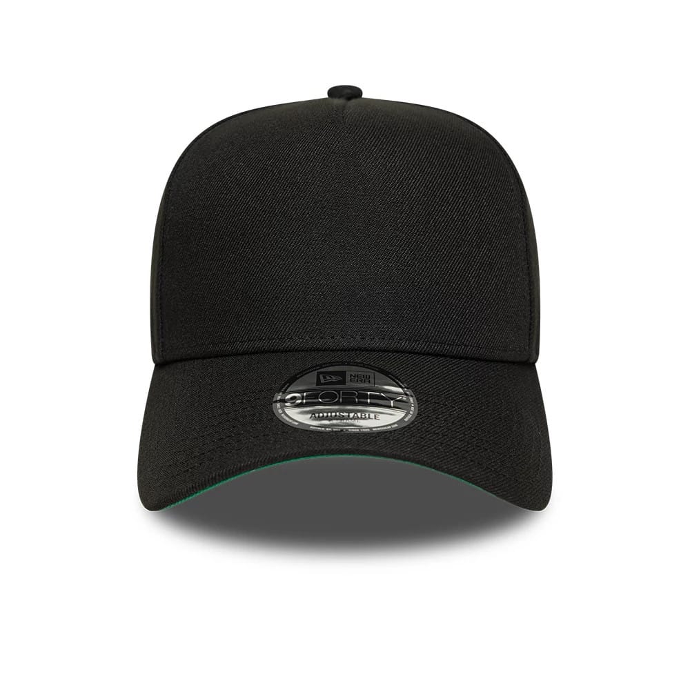 New Era Black 9FORTY A-Frame Adjustable Cap, front view showing a curved black visor with a green undervisor, a prominent central 9FORTY size sticker, and a structured crown for a modern fit.