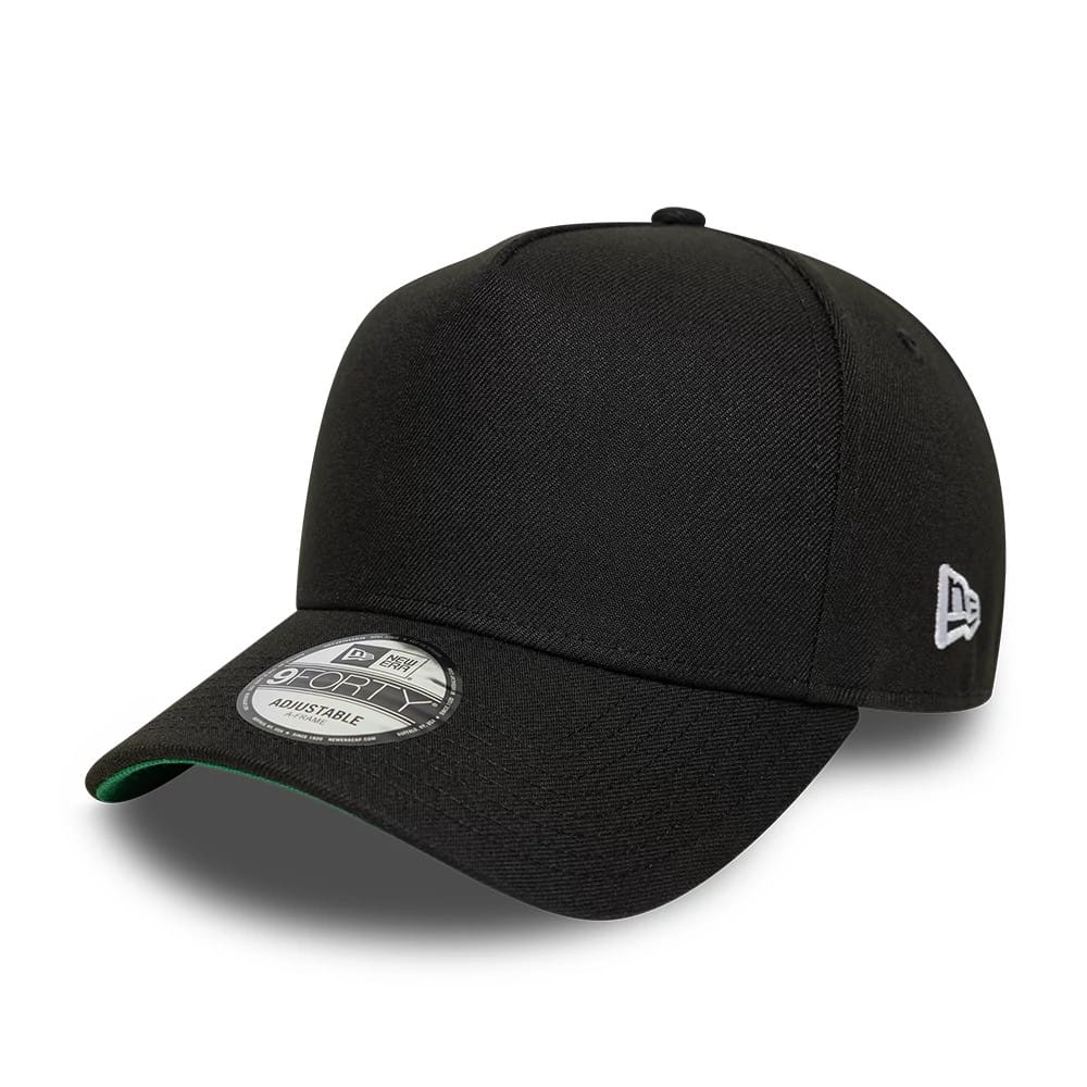 New Era Black 9FORTY A-Frame Adjustable Cap, three-quarter view showing the New Era flag logo embroidered in white on the left side, with a curved black visor featuring a green undervisor and a 9FORTY size sticker on top.