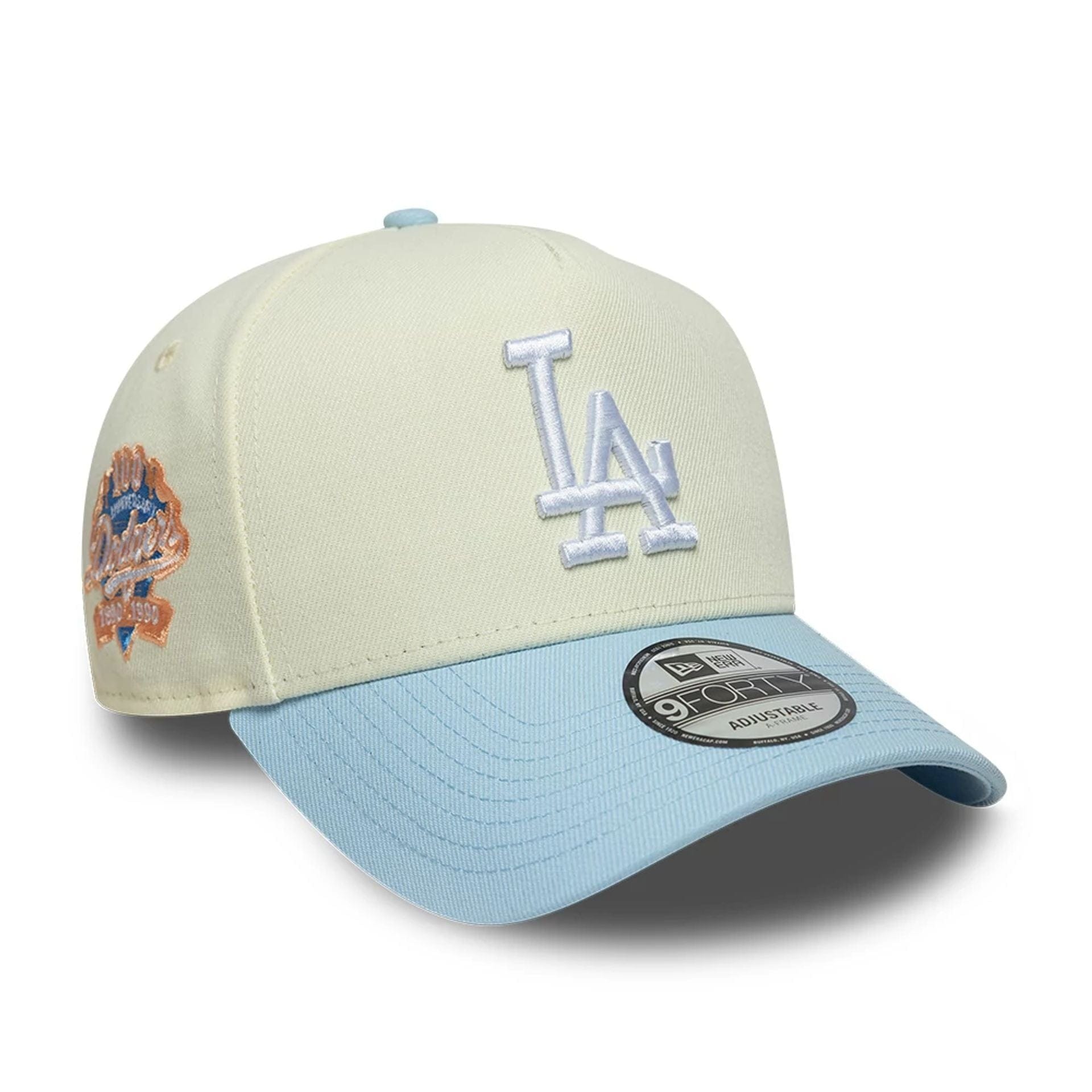 This is a LA Dodgers MLB Cream & Blue 9FORTY A-Frame Adjustable Cap 1