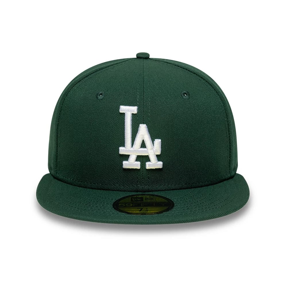LA Dodgers MLB Dark Green New Era 59FIFTY Fitted Cap, front view showing a raised white embroidered LA logo on the dark green front panel, with a flat dark green visor and a gold 59FIFTY size sticker on top.