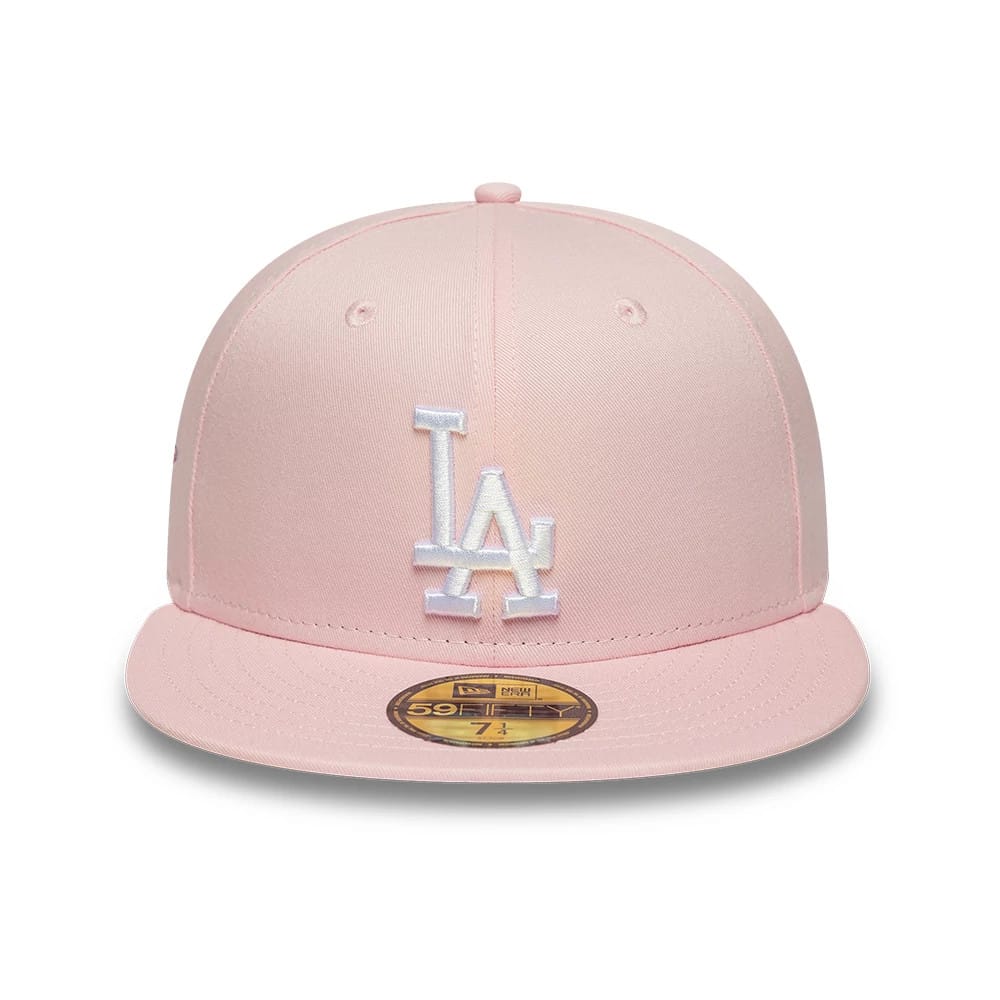 LA Dodgers MLB Pink New Era 59FIFTY Fitted Cap, front view showing the white embroidered LA logo on a structured pink crown, complemented by a matching flat pink visor and a gold 59FIFTY size sticker on the visor.