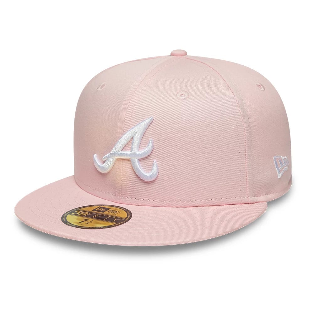 Atlanta Braves MLB Pink New Era 59FIFTY Fitted Cap, three-quarter view showing the raised white embroidered A logo on the front panel, flat pink visor with a gold 59FIFTY size sticker, and New Era flag logo on the left side.