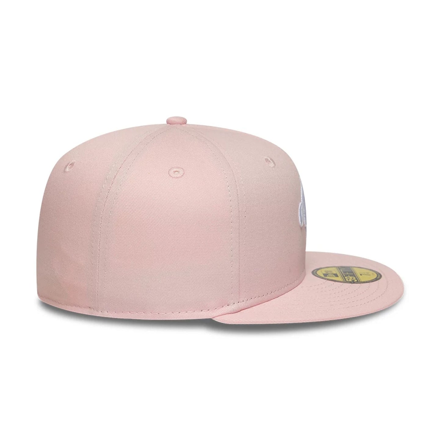 New Era Heritage Connect Pastel Pink 59FIFTY Fitted Cap, side view showing the structured pastel pink crown, flat pastel pink visor, and the 59FIFTY size sticker on the upper surface of the visor.